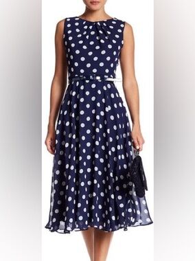 Eliza J Polka Dot Midi Dress 14 Navy White Fit Flare Belted Classic Retro